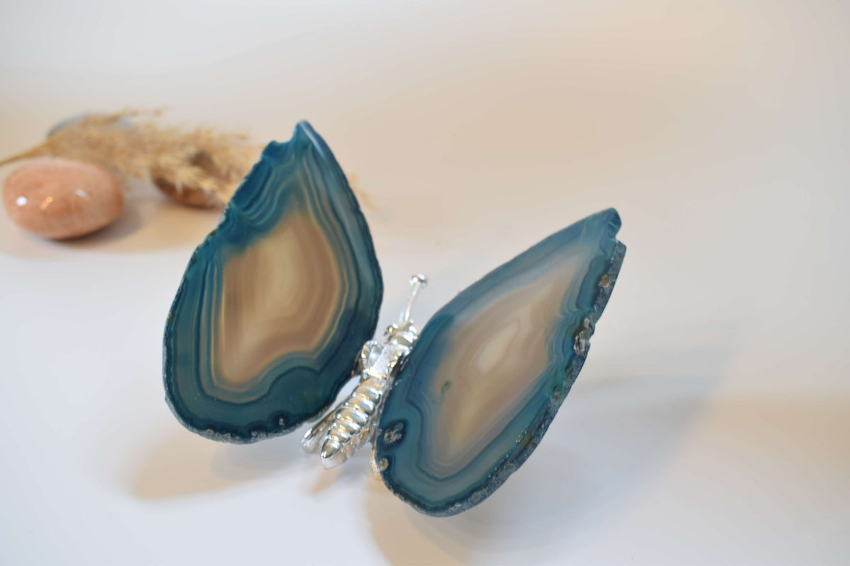 Vlinder van agaat (groen,blauw gekleurd)